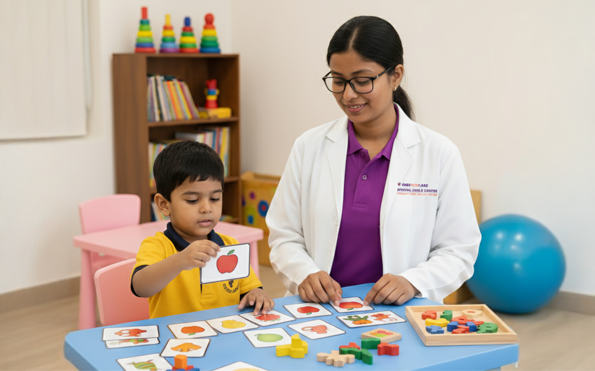 Special education therapist working with child having learning disabilities